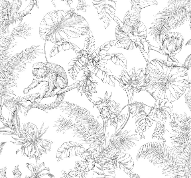 York Wallcoverings Tropical Sketch Toile Black Wallpaper Toile Resource Library Covers about 60.8 square feet Unpasted 25.25-in repeat, drop match 27-in by 27-ft long roll - My Fabric Connection -