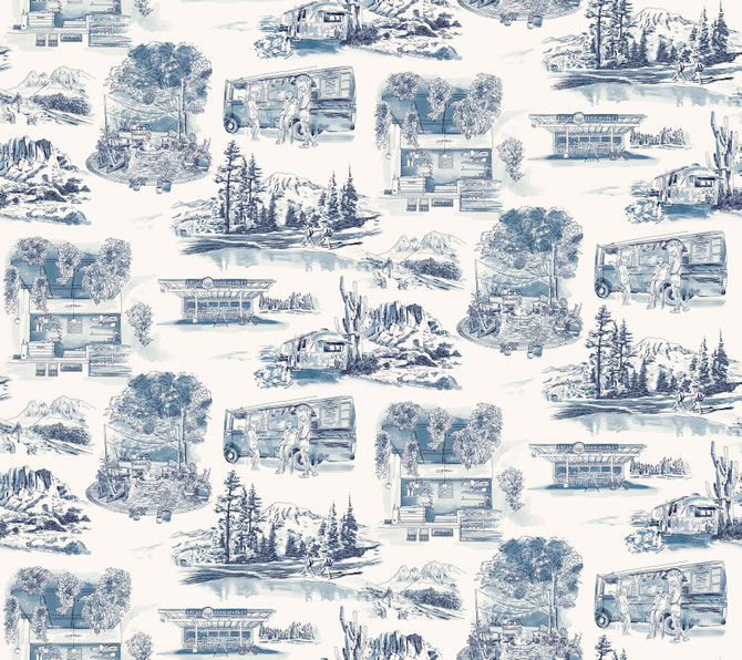York Wallcoverings Modern Vista Toile Navy Wallpaper Toile Resource Library Covers about 60.8 square feet Prepasted 12-in repeat, straight match 27-in by 27-ft long roll - My Fabric Connection -