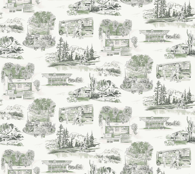 York Wallcoverings Modern Vista Toile Evergreen Wallpaper Toile Resource Library Covers about 60.8 square feet Prepasted 12-in repeat, straight match 27-in by 27-ft long roll - My Fabric Connection -