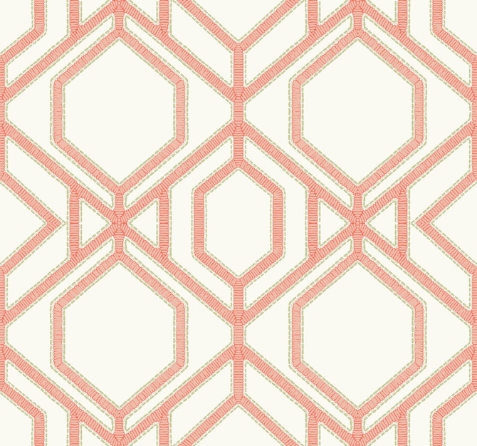 York Wallcoverings Sawgrass Trellis Coral Wallpaper Tropics Resource Library Covers about 60.8 square feet Prepasted 25.25-in repeat, straight match 27-in by 27-ft long roll - My Fabric Connection -