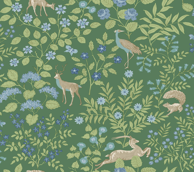 Erin & Ben Woodland Floral Meadow Green Peel & Stick Wallpaper Erin & Ben Co. Covers about 45 square feet Peel & Stick 24-in repeat, drop match 27-in by 20-ft long roll - My Fabric Connection -