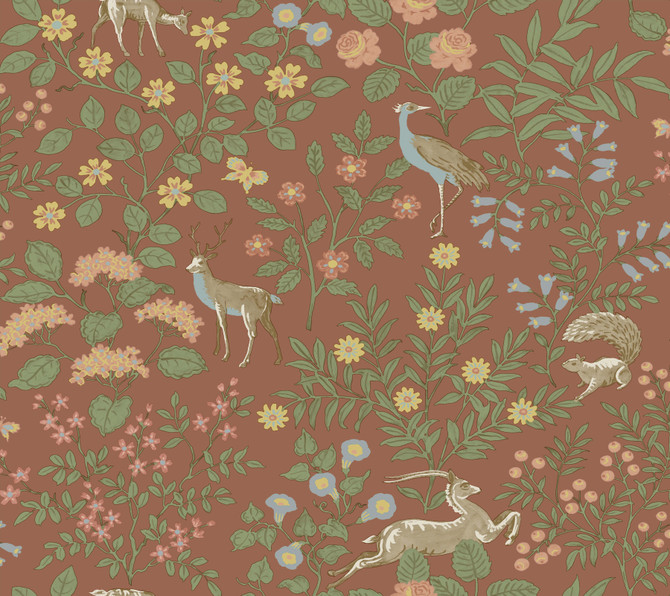 Erin & Ben Woodland Floral Rust Peel & Stick Wallpaper Erin & Ben Co. Covers about 45 square feet Peel & Stick 24-in repeat, drop match 27-in by 20-ft long roll - My Fabric Connection -