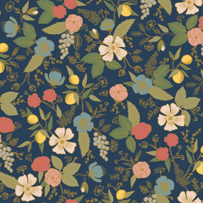 Rifle Paper Co. Colette Navy Peel & Stick Wallpaper P&S Rifle Paper 3 Covers about 34.2 square feet Peel & Stick 20.5-in repeat, drop match 20.5-in by 20-ft long roll - My Fabric Connection -