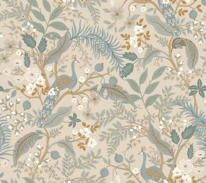 Rifle Paper Co. Peacock Garden Linen Peel & Stick Wallpaper P&S Rifle Paper 3 Covers about 45 square feet Peel & Stick 24-in repeat, straight match 27-in by 20-ft long roll - My Fabric Connection -