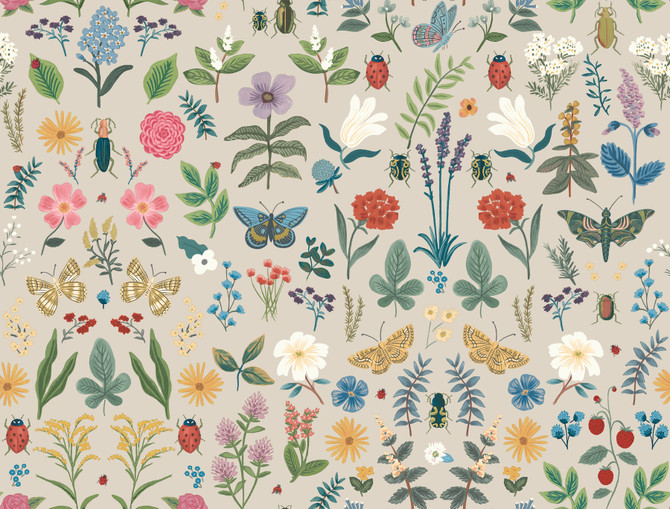 Rifle Paper Co. Curio Linen Peel & Stick Wallpaper P&S Rifle Paper 3 Covers about 45 square feet Peel & Stick 20.5-in repeat, straight match 27-in by 20-ft long roll - My Fabric Connection -