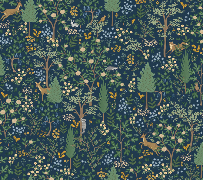 Rifle Paper Co. Woodland Navy Peel & Stick Wallpaper P&S Rifle Paper 3 Covers about 45 square feet Peel & Stick 24-in repeat, drop match 27-in by 20-ft long roll - My Fabric Connection -