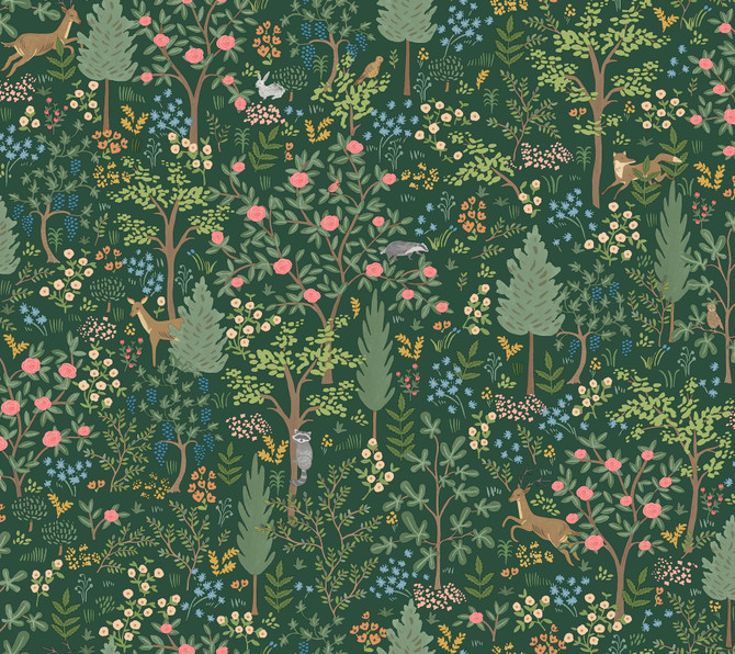 Rifle Paper Co. Woodland Emerald Peel & Stick Wallpaper P&S Rifle Paper 3 Covers about 45 square feet Peel & Stick 24-in repeat, drop match 27-in by 20-ft long roll - My Fabric Connection -