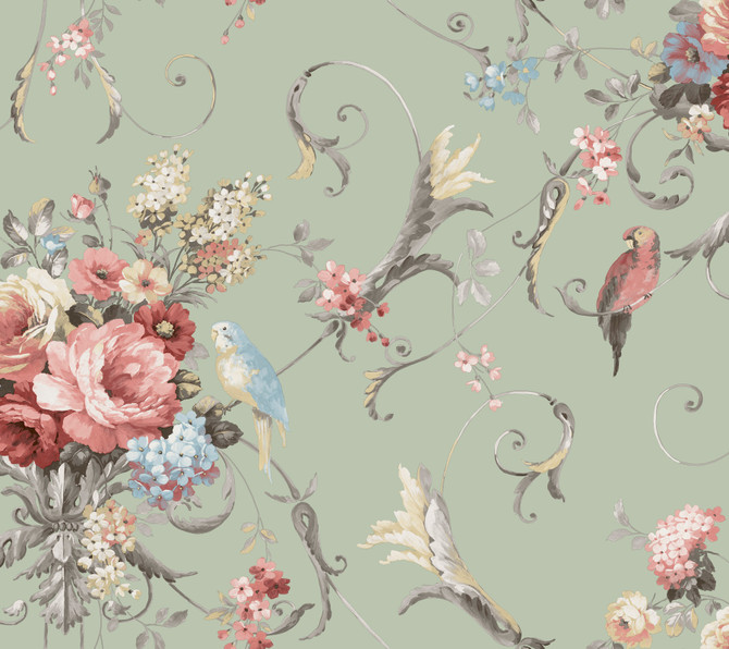 York Wallcoverings Parrots with Floral Bouquets Eucalyptus Peel & Stick Wallpaper Vintage Florals Covers about 45 square feet Peel & Stick 24-in repeat, drop match 27-in by 20-ft long roll - My Fabric Connection -