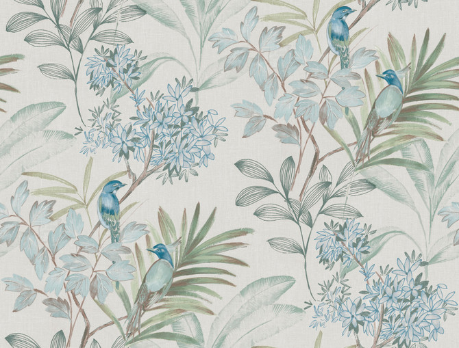 York Wallcoverings Handpainted Songbird Turquiose Peel & Stick Wallpaper Watercolor Botanicals Covers about 45 square feet 27-in by 20-ft long roll Peel & Stick 20.5 - My Fabric Connection -