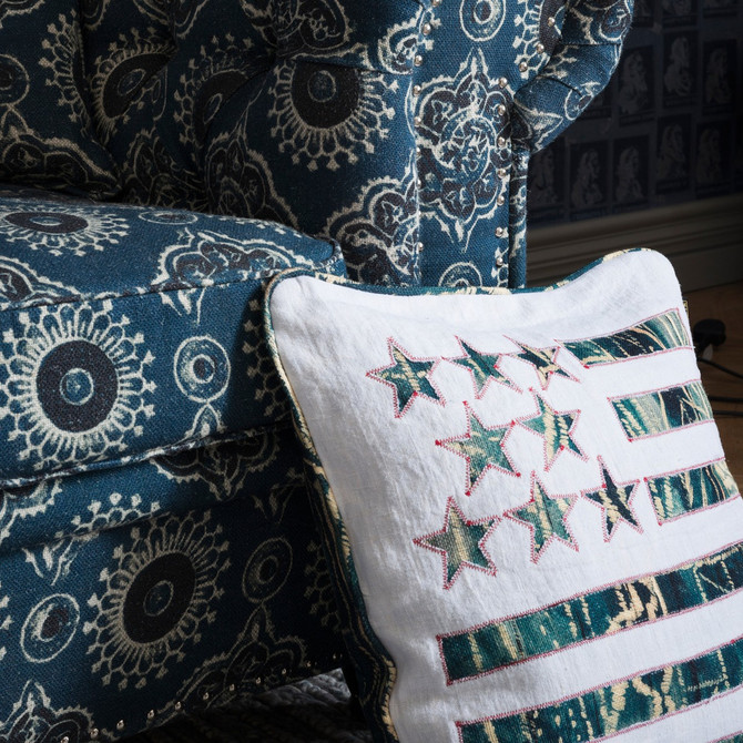 STARS AND STRIPES Linen Cushion (LC40030) by Mind The Gap Designer Pillows | LC40030 | THE HOME OF AN ECCENTRIC MAN | 20 x 20 in | Blue, Taupe, White | Fabric Carolina | https://www.fabriccarolina.com/