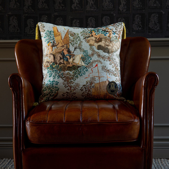 Mind the Gap Pillow Journey To Eden Linen Cushion THE TRANSYLVANIAN MANOR 100% Linen Made in United Kingdom Golden tassels 20 x 20 in - My Fabric Connection -