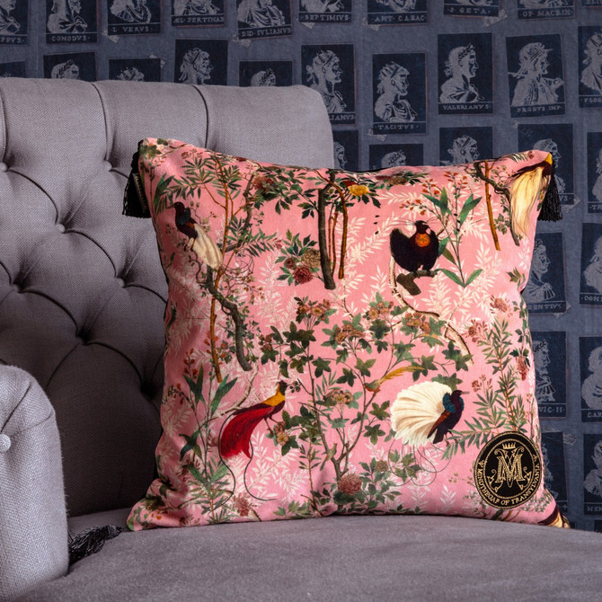 Mind the Gap Pillow Royal Garden Pink Velvet Cushion THE TRANSYLVANIAN MANOR 100% Cotton velvet Made in United Kingdom Black tasseled corners 20 x 20 in - My Fabric Connection -