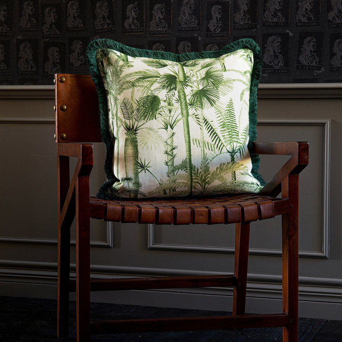 Mind the Gap Pillow Algae I Cushion THE TROPICAL COTTAGE 100% Linen Made in United Kingdom / Romania Green fringes 20 x 20 in - My Fabric Connection -