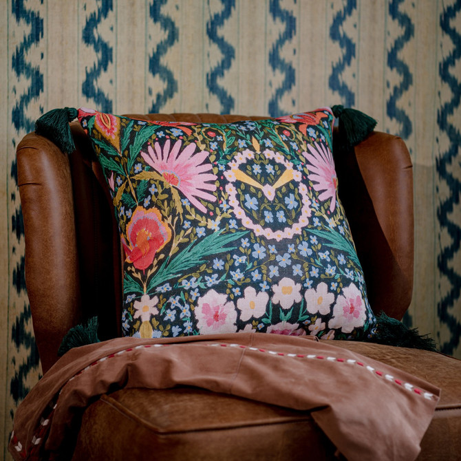 Mind the Gap Pillow Susie Q Cushion WOODSTOCK '69 LIFESTYLE COLLECTION 100% Linen, printed and stonewashed Made in Romania Green tassels 20 x 20 in - My Fabric Connection -