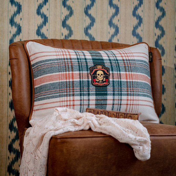 MONTEREY PLAID Wool Cushion (LC40153) by Mind The Gap Designer Pillows | LC40153 | WOODSTOCK '69 LIFESTYLE COLLECTION | 23,6 x 15,8 in | Green, Orange, Taupe, Yellow | Fabric Carolina | https://www.fabriccarolina.com/