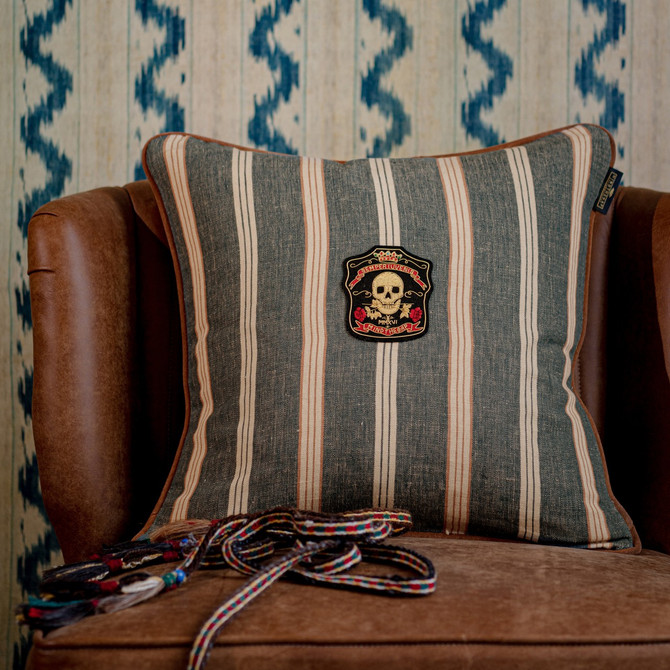 Mind the Gap Pillow Oregon Stripes Denim Washed Cushion WOODSTOCK '69 LIFESTYLE COLLECTION 100% Linen, printed and stonewashed Made in Romania Leather piped edge 20 x 20 in - My Fabric Connection -