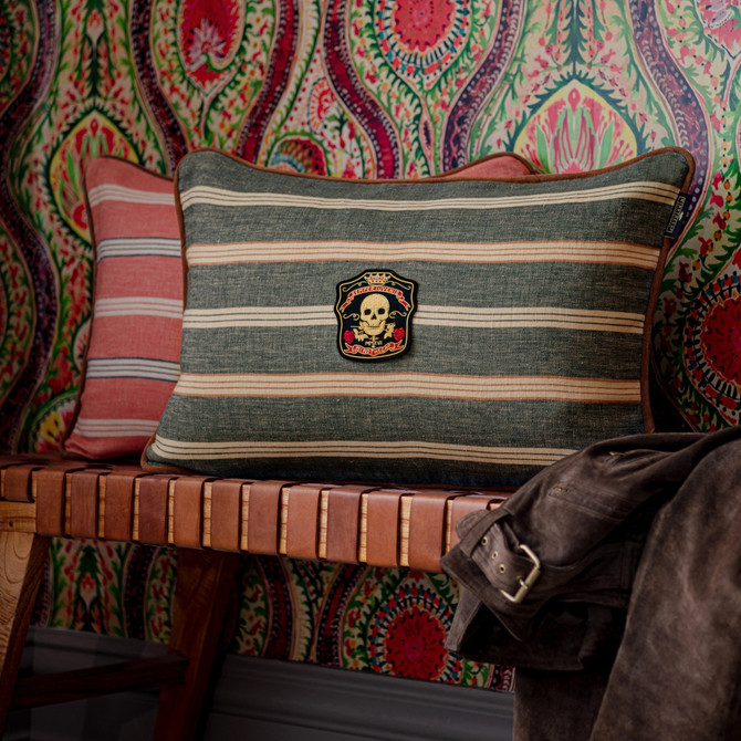 OREGON STRIPES Denim Washed Cushion (LC40157) by Mind The Gap Designer Pillows | LC40157 | WOODSTOCK '69 LIFESTYLE COLLECTION | 23,6 x 15,8 in | Grey, Red | Fabric Carolina | https://www.fabriccarolina.com/