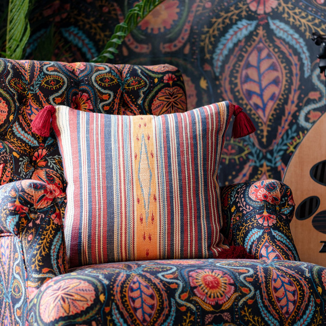 Mind the Gap Pillow Neyshabour Cushion WOODSTOCK '69 LIFESTYLE COLLECTION 64% Cotton, 27% Viscose, 9% Linen Made in Romania Red tassels 20 x 20 in - My Fabric Connection -