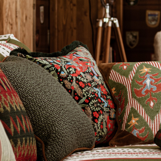 DER KÖNIG Black Velvet Cushion (LC40202) by Mind The Gap Designer Pillows | LC40202 | TYROL APRES-SKI HOME COLLECTION | 20 x 20 in | Black, Blue, Green, Red | Fabric Carolina | https://www.fabriccarolina.com/