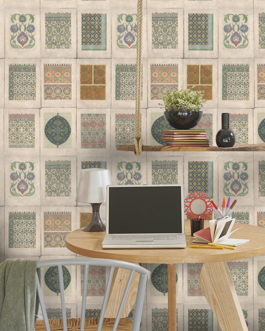 ARABESQUE Premium Wallpaper (WP20076) by Mind The Gap Designer Wallpaper | WP20076 | WALLPAPER DESIGNER COLLECTION | 3 rolls x 20.5 x 118.1 in | 0.52m / 20.5in | 3m / 118in | 4.65mp | 72cm / 28.4in | Mint Green, Orange, Taupe | Non-woven | Paste the wall | 3-rolls in a box | Fabric Carolina | https://www.fabriccarolina.com/