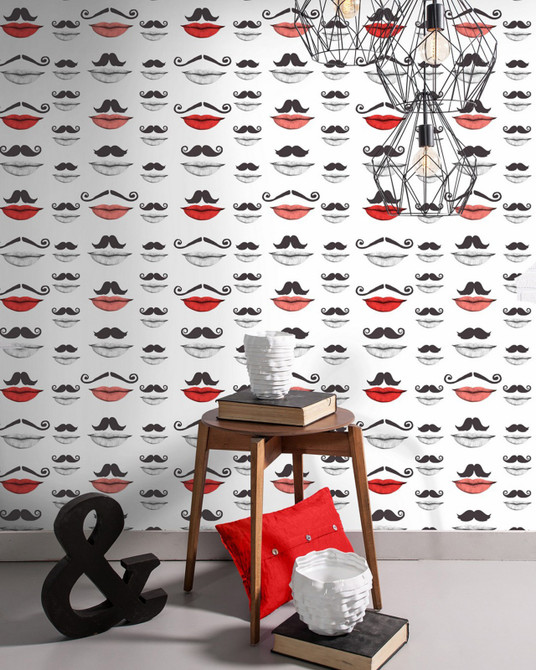 MOUSTACHE AND LIPS Premium Wallpaper (WP20084) by Mind The Gap Designer Wallpaper | WP20084 | WALLPAPER DESIGNER COLLECTION | 3 rolls x 20.5 x 118.1 in | 0.52m / 20.5in | 3m / 118in | 4.65mp | 52cm / 20.5in | Black, Red, White | Non-woven | Paste the wall | 3-rolls in a box | Fabric Carolina | https://www.fabriccarolina.com/
