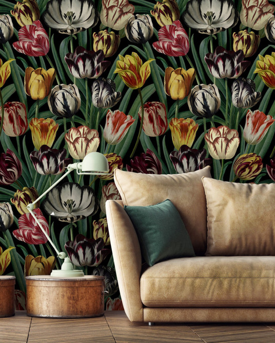 TULIPA (WP20178) by Mind The Gap Designer Wallpaper | WP20178 | PREMIUM DESIGNER WALLPAPER COLLECTION | 3 rolls x 20.5 x 118.1 in | 0.52m / 20.5in | 3m / 118in | 4.65mp | 70cm / 27.6in | Black, Green, Red, White, Yellow | Non-woven | Paste the wall | 3-rolls in a box | Fabric Carolina | https://www.fabriccarolina.com/