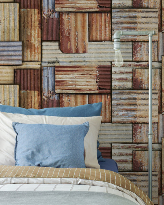 RUSTY TIN Wallpaper (WP20242) by Mind The Gap Designer Wallpaper | WP20242 | PREMIUM DESIGNER WALLPAPER COLLECTION | 3 rolls x 20.5 x 118.1 in | 0.52m / 20.5in | 3m / 118in | 4.65mp | 60cm / 23.6in | Blue, Brown, Taupe | Non-woven | Paste the wall | 3-rolls in a box | Fabric Carolina | https://www.fabriccarolina.com/