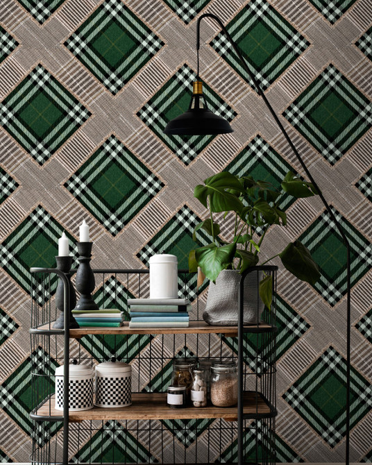 Mind the Gap Wallpaper Checkered Patchwork British Green Wallpaper THE WALLPAPER COLLECTABLES Textured Matte Made in Europe Paste the wall 3 rolls x 20.5 x 3.25 yards - My Fabric Connection -