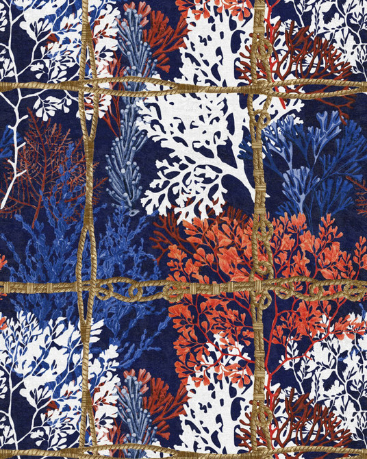 CORALLIA Dark Wallpaper (WP20563) by Mind The Gap Designer Wallpaper | WP20563 | SUNDANCE VILLA | 3 rolls x 20.5 x 118.1 in | 0.52m / 20.5in | 3m / 118in | 4.65mp | 52cm / 20.5in | Black, Indigo, Red, White, Yellow | Textured Matte | Paste the wall | 3-rolls in a box | Fabric Carolina | https://www.fabriccarolina.com/