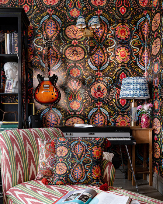 SOUL SACRIFICE Wallpaper (WP20630) by Mind The Gap Designer Wallpaper | WP20630 | WOODSTOCK '69 LIFESTYLE COLLECTION | 3 rolls x 20.5 x 118.1 in | 0.52m / 20.5in | 3m / 118in | 4.65mp | 100cm / 39.3in | Black, Blue, Red, Yellow | Satin Matte | Paste the wall | 3-rolls in a box | Fabric Carolina | https://www.fabriccarolina.com/