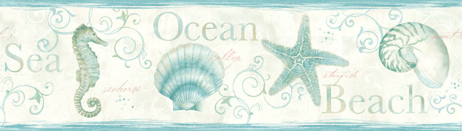 Chesapeake Island Teal Teal Seashells Wallpaper Seaside Living Covers about 7.5 square feet 6-in by 15-ft long roll Prepasted 0 - My Fabric Connection -