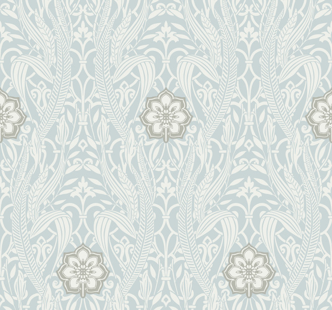York Wallcoverings Gatsby Damask Blue Wallpaper Damask Resource Library Covers about 60.8 square feet 27-in by 27-ft long roll Prepasted 25.25 - My Fabric Connection -