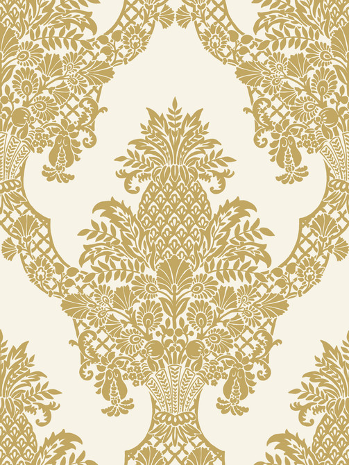 York Wallcoverings Pineapple Plantation Gold Wallpaper Damask Resource Library Covers about 60.8 square feet 27-in by 27-ft long roll Prepasted 36 - My Fabric Connection -