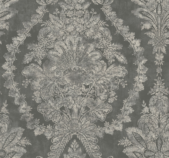 Ronald Redding Charleston Damask Grey Wallpaper 24 Karat Covers about 60.8 square feet 27-in by 27-ft long roll Unpasted 25.25 - My Fabric Connection -
