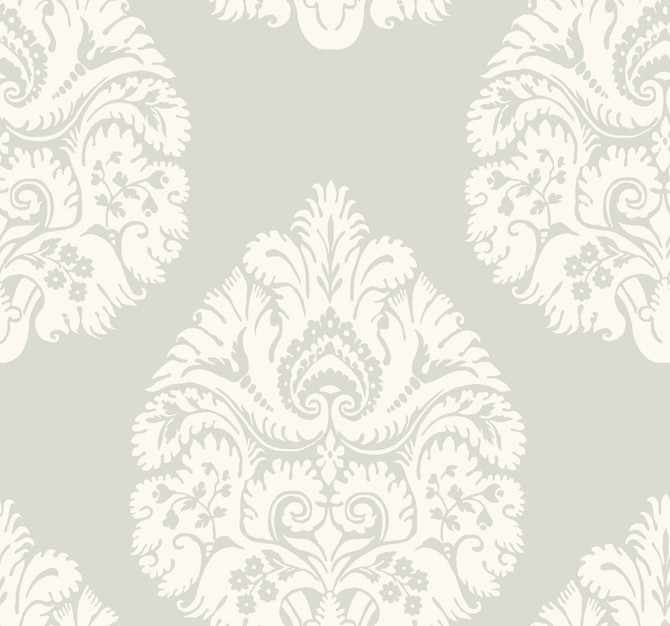 Ronald Redding Teardrop Damask Light Grey Wallpaper 24 Karat Covers about 60.8 square feet 27-in by 27-ft long roll Unpasted 25.25 - My Fabric Connection -
