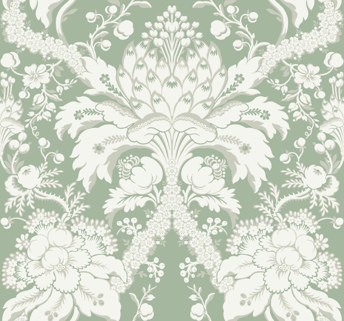 York Wallcoverings French Artichoke Dam Green Wallpaper Damask Resource Library Covers about 60.8 square feet 27-in by 27-ft long roll Prepasted 25.25 - My Fabric Connection -