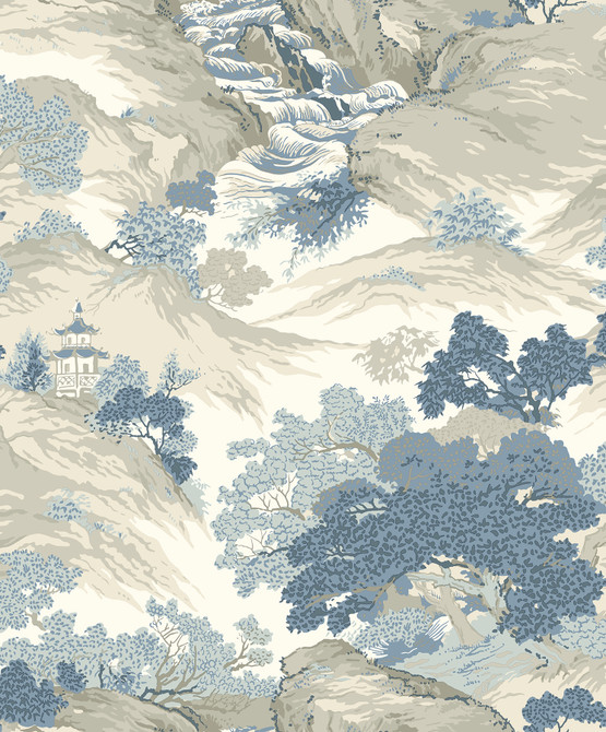 Crown Ordos Blue Eastern Toile Wallpaper CWV Covers about 56.4 square feet 20.5-in by 33-ft long roll Unpasted 25.2 - My Fabric Connection -