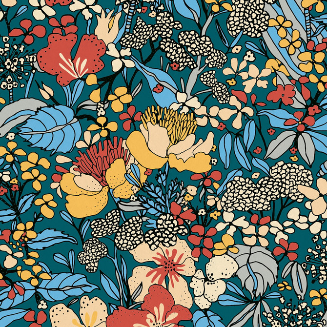 AS Creation Zetta Blue Floral Riot Wallpaper AS Creation Covers about 57.5 square feet 20.9-in by 33-ft long roll Unpasted 25.2 - My Fabric Connection -