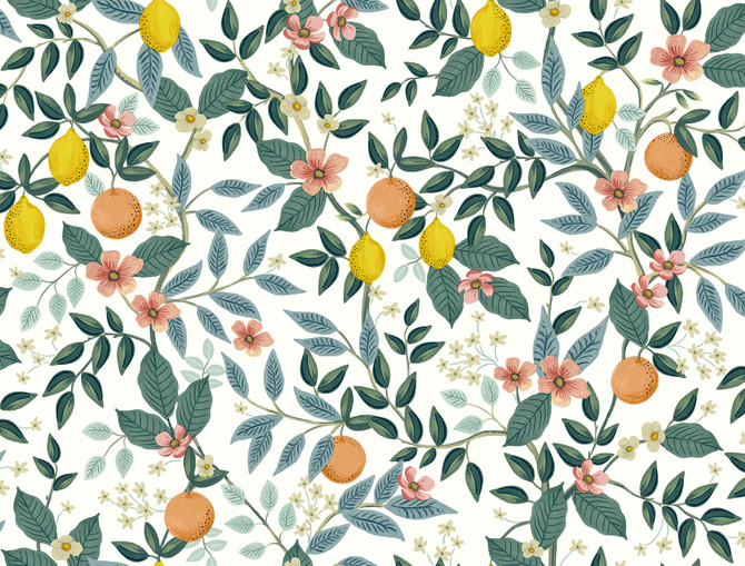 Rifle Paper Co. Citrus Grove White Peel & Stick Wallpaper P&S Rifle Paper 2 Covers about 45 square feet 27-in by 20-ft long roll Peel & Stick 20.5 - My Fabric Connection -