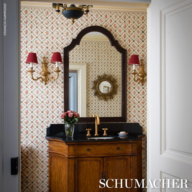 Schumacher Wallpaper Corail Leaf Trellis Coral 5016641 Timothy Corrigan 20.5" - My Fabric Connection -