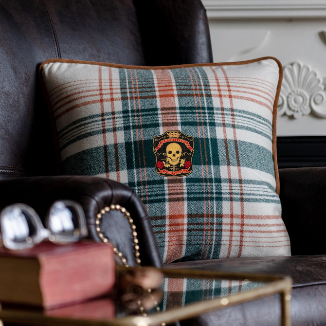 MONTEREY PLAID Wool Cushion (LC40152) by Mind The Gap Designer Pillows | LC40152 | WOODSTOCK '69 LIFESTYLE COLLECTION | 20 x 20 in | Green, Orange, Taupe, Yellow | Fabric Carolina | https://www.fabriccarolina.com/