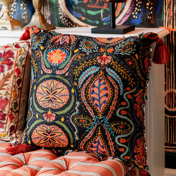 SOUL SACRIFICE Cushion (LC40140) by Mind The Gap Designer Pillows | LC40140 | WOODSTOCK '69 LIFESTYLE COLLECTION | 20 x 20 in | Black, Blue, Green, Orange, Yellow | Fabric Carolina | https://www.fabriccarolina.com/