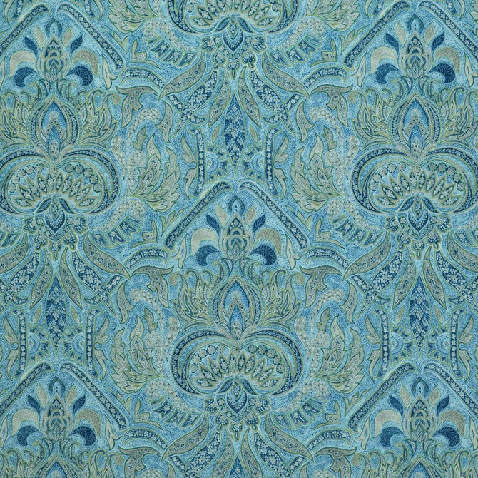 RM CoCo Fabric Sandahar Paisley Blue Topaz Painter's Palette Cerulean Blue to Viridian Green 100% Polyester See Sample 51000 Horizontal: 13.5 and Vertical: 27 54 - My Fabric Connection -