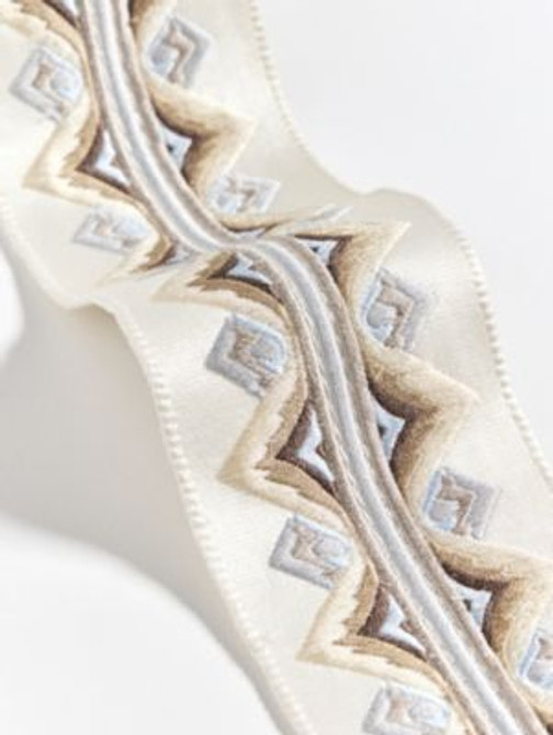 Scalamandre Trim Flamme Embroidered Tape Platinum SCT33350001 THE METROPOLITAN MUSEUM OF ART 56% VISCOSE 30% SILK 14% COTTON INDIA LIGHT DUTY Horizontal: 1.75" and Vertical: 0" 3 - My Fabric Connection -