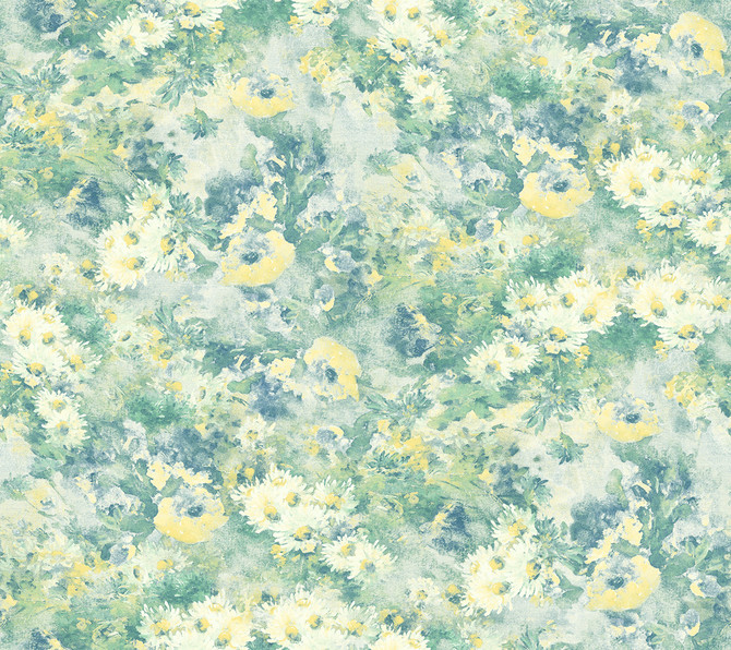 Seabrook Wallpaper Daisy Metallic Ivory, Yellow, and Teal French Impressionist  United States 60.55 24" 27"  - My Fabric Connection -