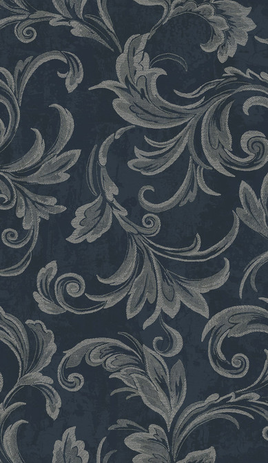 Seabrook Wallpaper Scroll Navy, Silver, and Gray Aura  Netherlands 56.05 36" 20.5"  - My Fabric Connection -