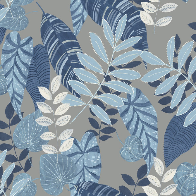 Seabrook Wallpaper Tropicana Leaves Metallic Gray, Sky Blue, and Champlain Boho Rhapsody  United States 60.75 27" 27"  - My Fabric Connection -
