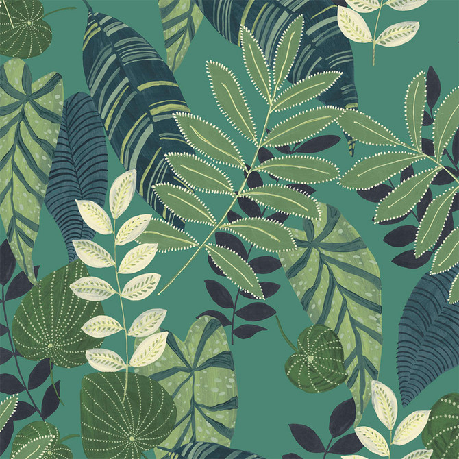 Seabrook Wallpaper Tropicana Leaves Fabric Jade, Rosemary, and Spruce Boho Rhapsody  United States 13.5 27" 3"  - My Fabric Connection -