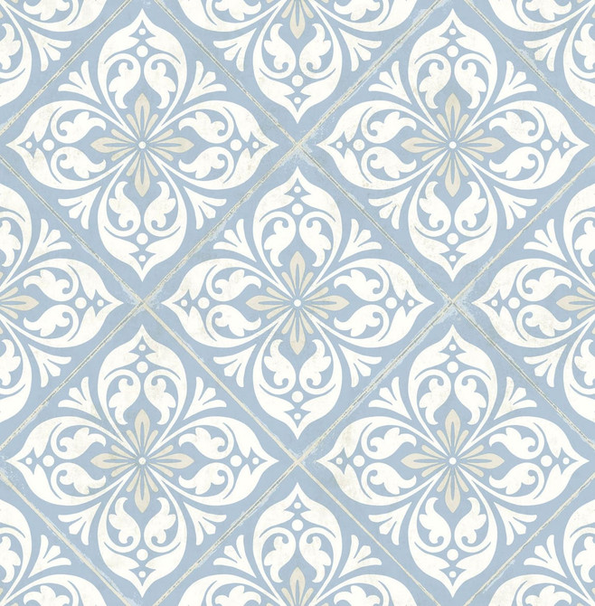 Seabrook Wallpaper Plumosa Tile Carolina Blue and Arrowroot Luxe Retreat  United States 56.05 10.43" 20.5"  - My Fabric Connection -