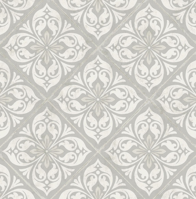 Seabrook Wallpaper Plumosa Tile Cove Gray and Silver Luxe Retreat  United States 56.05 10.43" 20.5"  - My Fabric Connection -